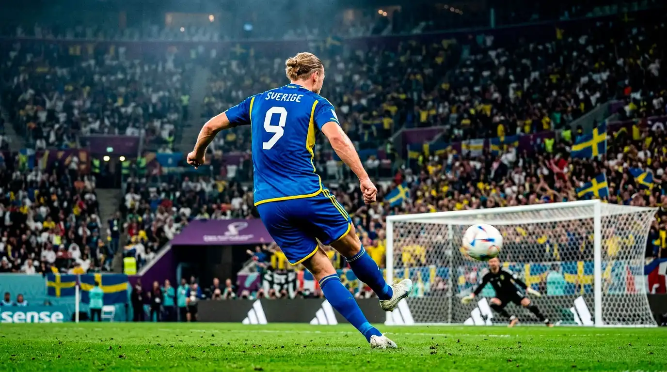 Närbild på en fotbollsspelare som skjuter mot mål i en fullsatt VM-arena