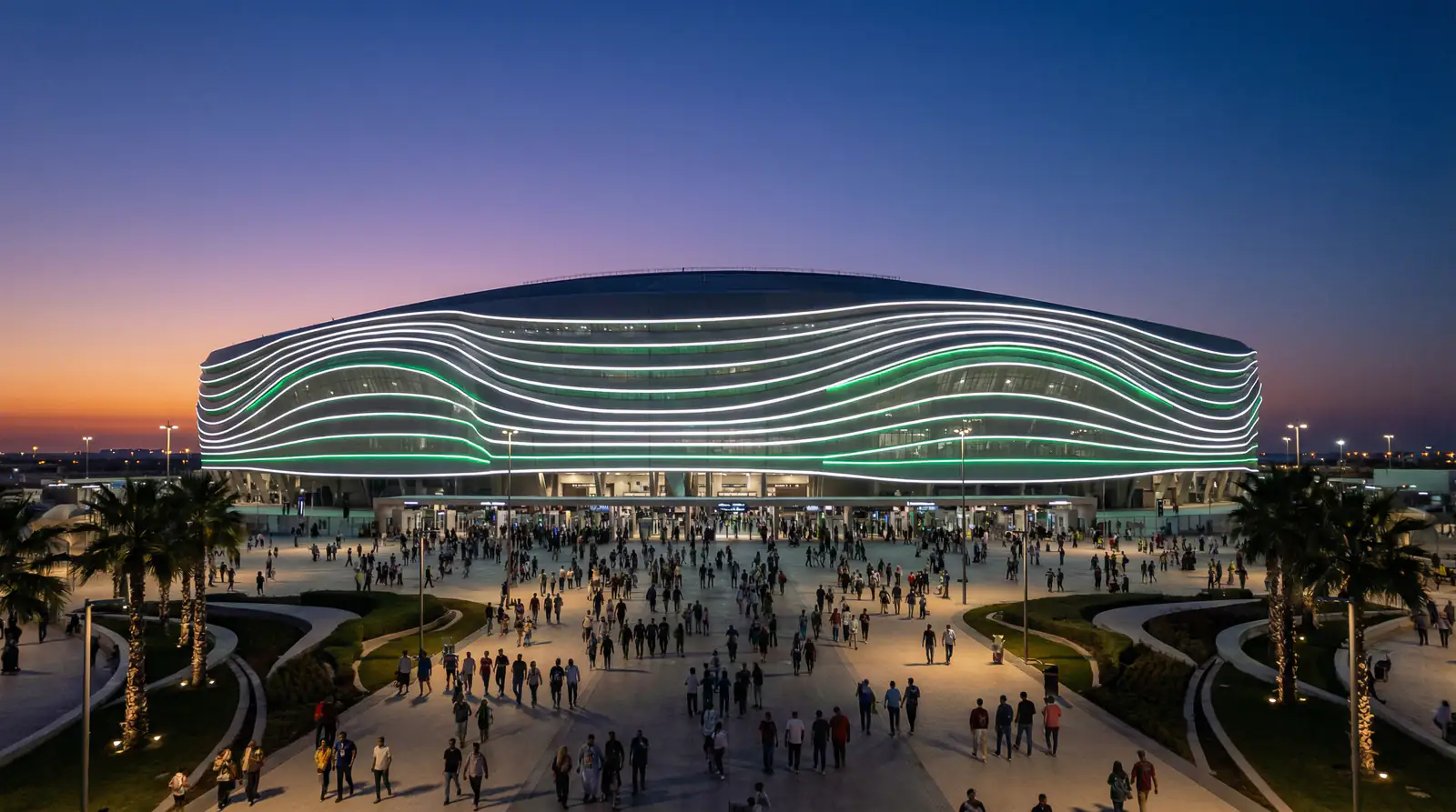 Modern fotbollsarena med grönt gräs och tomma läktare redo för en internationell turnering