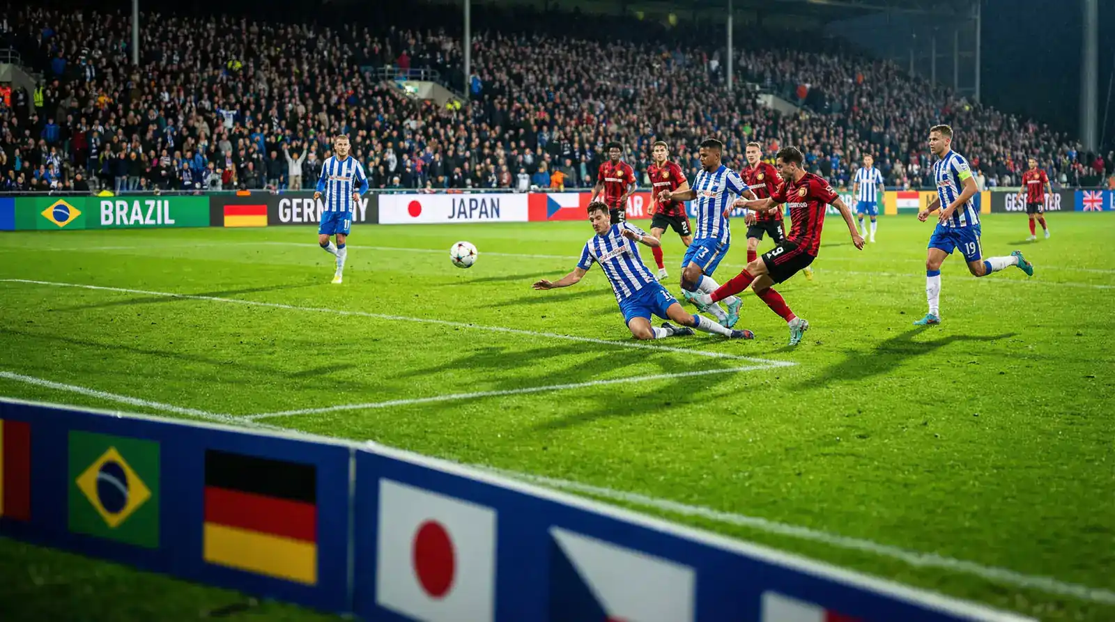 Fotbollsspelare från olika landslag under ett VM-gruppspel på en grön plan