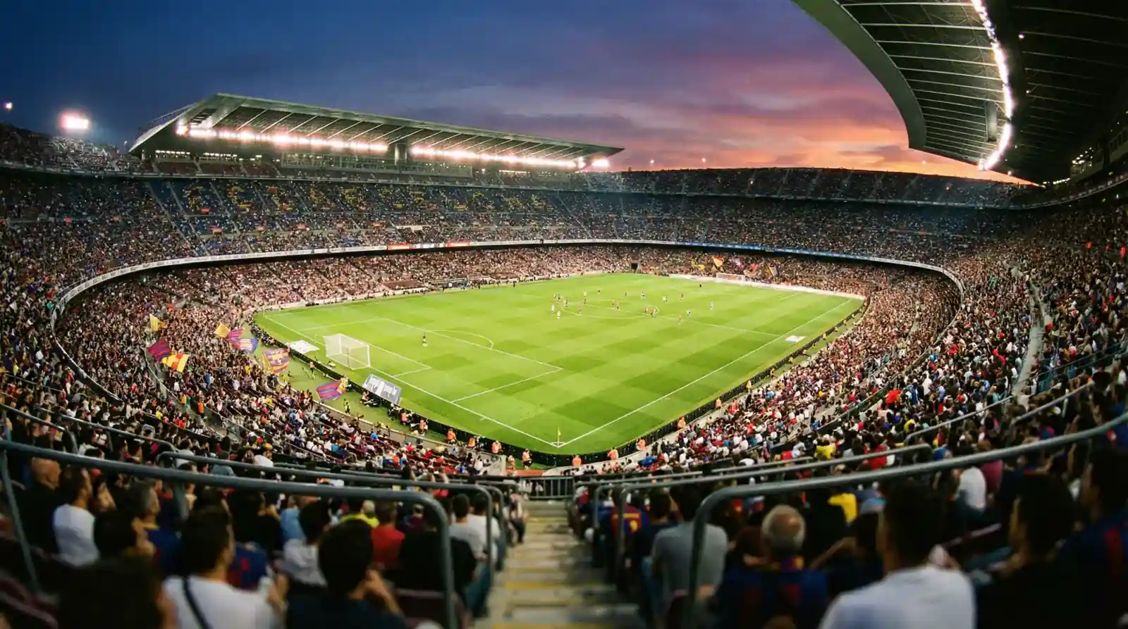 Fotbolls-VM 2026 i Nordamerika — stadion med publik under kvällsmatch