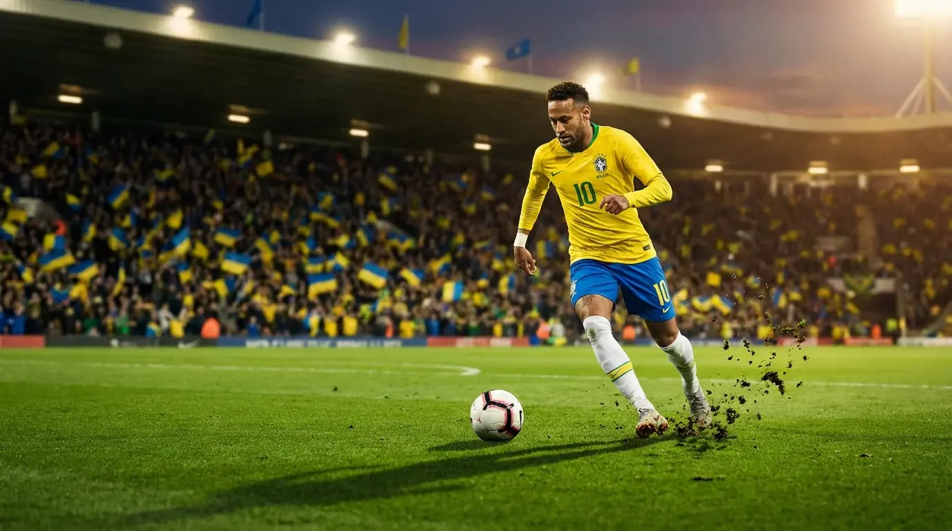 Svensk fotbollsspelare i gul landslagströja under en avgörande kvalmatch på kvällen