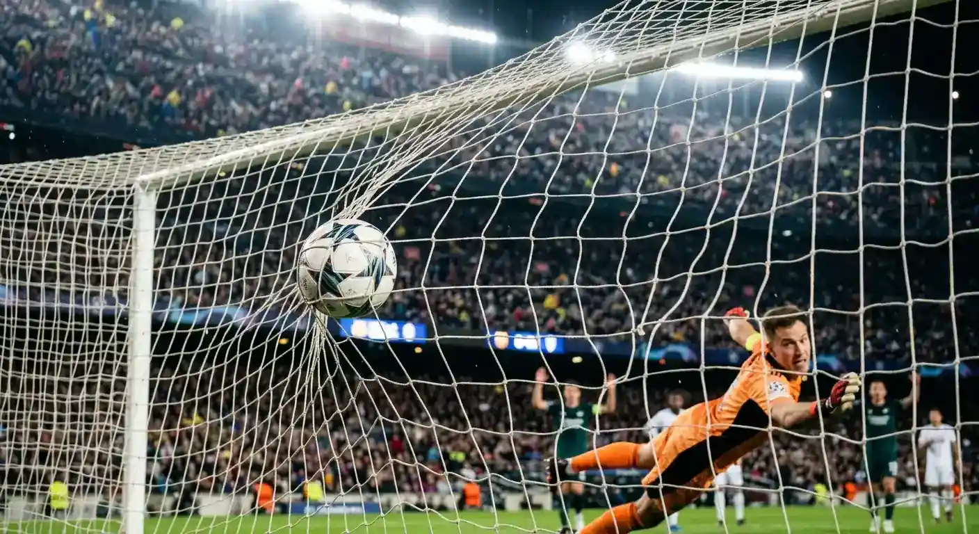 Närbild på en fotboll i nätet efter ett avgörande mål i en fullsatt VM-arena